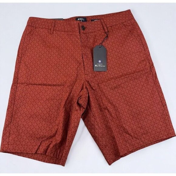 Ben Sherman Red Rust Casual Chino Shorts Regular  Fit Geometric Print NEW 32 - Picture 7 of 8